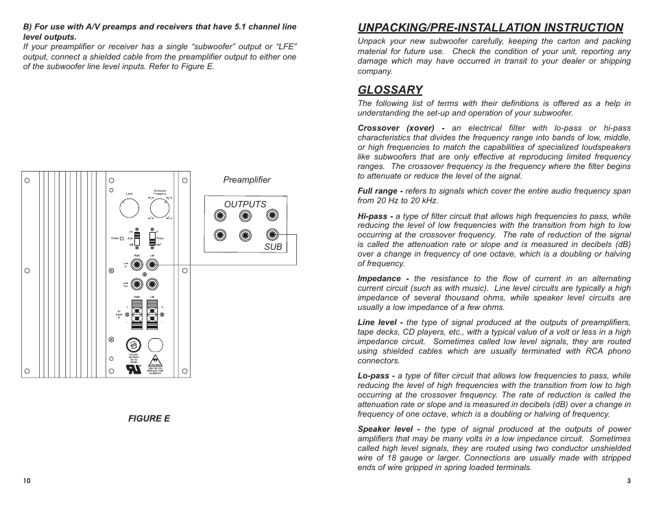 Unpacking/pre-installation instruction, Glossary | MTX Audio SW2 User Manual | Page 7 / 10