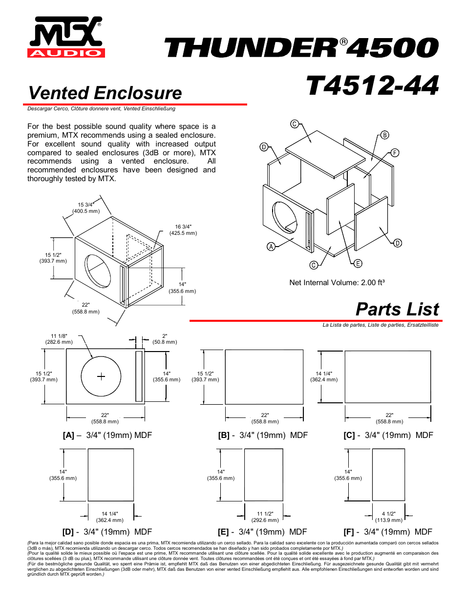 Vented enclosure, Parts list, Net internal volume: 2.00 ft | MTX Audio MTX Thunder 4500 T4512-44 User Manual | Page 3 / 4