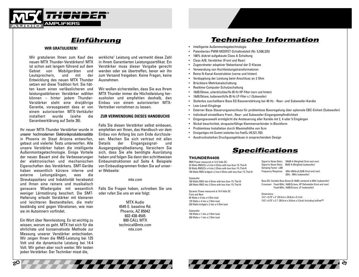 Einführung, Specifications technische information, Germanic | MTX Audio 4405 User Manual | Page 11 / 15