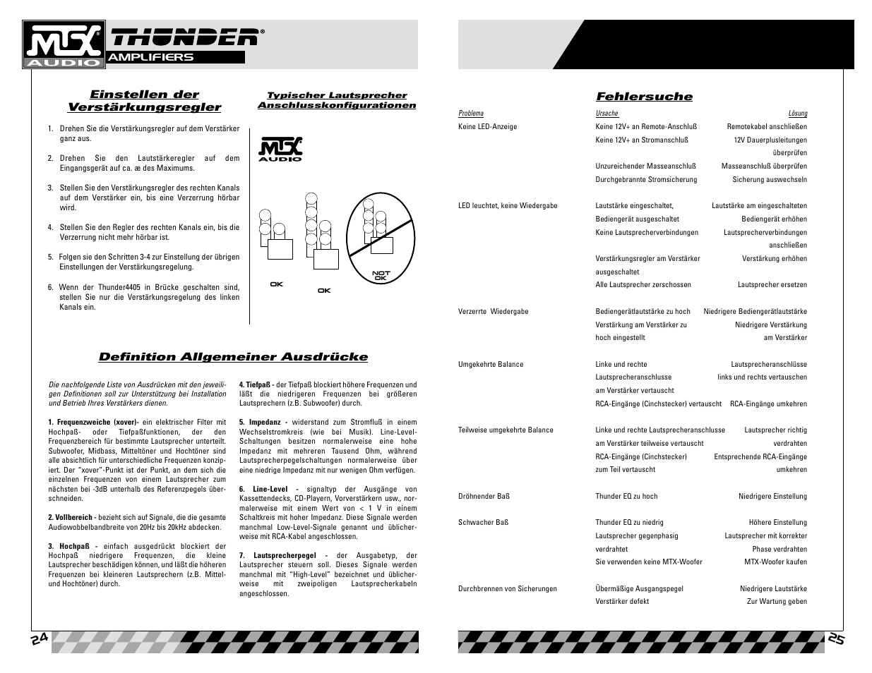 Einstellen der verstärkungsregler, Definition allgemeiner ausdrücke, Fehlersuche | MTX Audio 4405 User Manual | Page 13 / 15