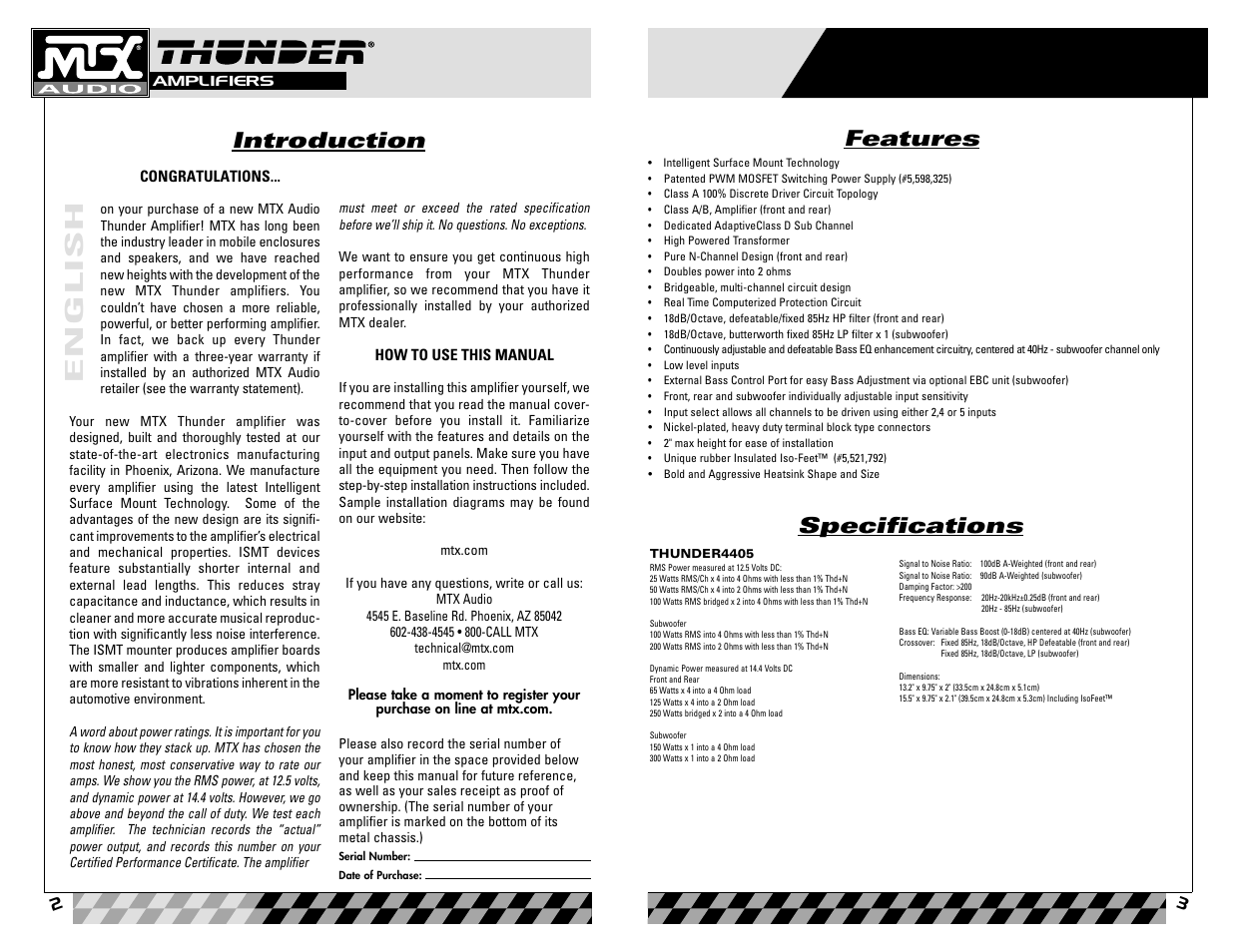 English, Specifications, Introduction | Features | MTX Audio 4405 User Manual | Page 2 / 15