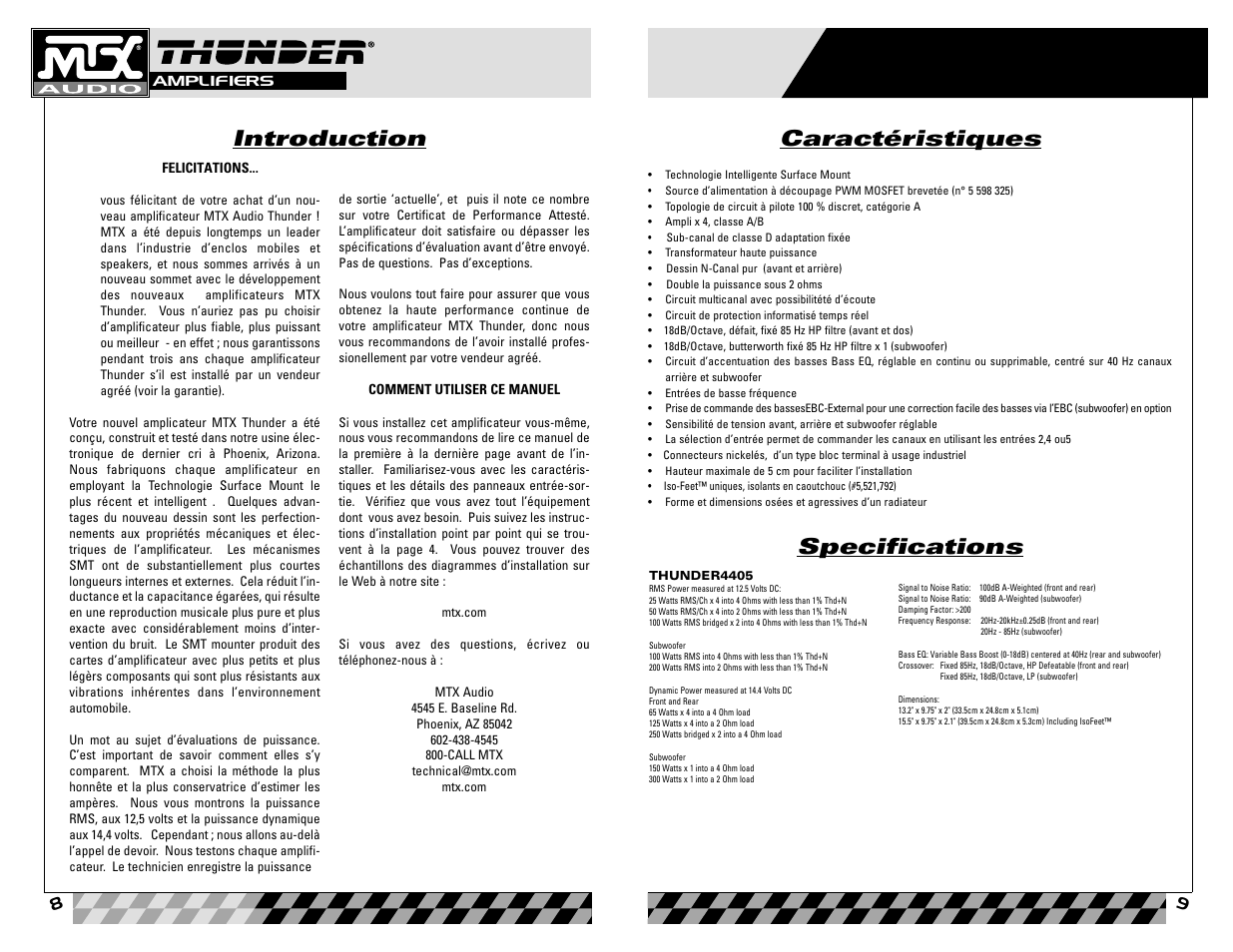 Introduction, Caractéristiques specifications, Français | MTX Audio 4405 User Manual | Page 5 / 15