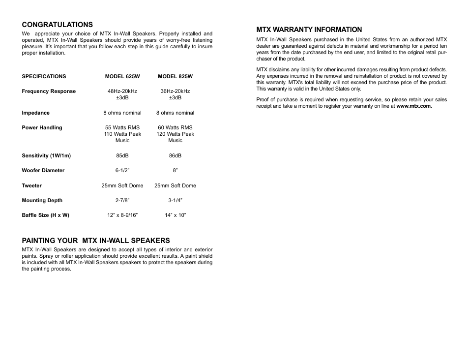 Painting your mtx in-wall speakers, Mtx warranty information | MTX Audio 825W1 User Manual | Page 2 / 4