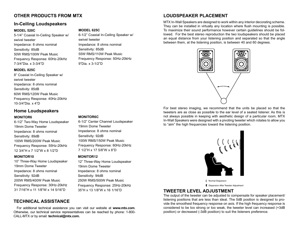 Loudspeaker placement, Tweeter level adjustment, Technical assistance | MTX Audio 825W1 User Manual | Page 3 / 4