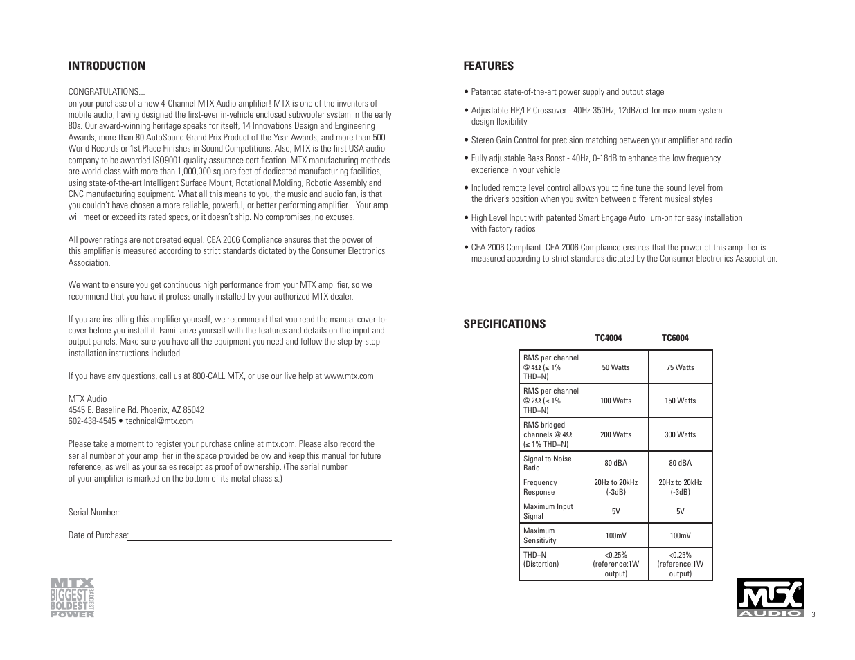 Introduction features, Specifications | MTX Audio Thunder User Manual | Page 2 / 17