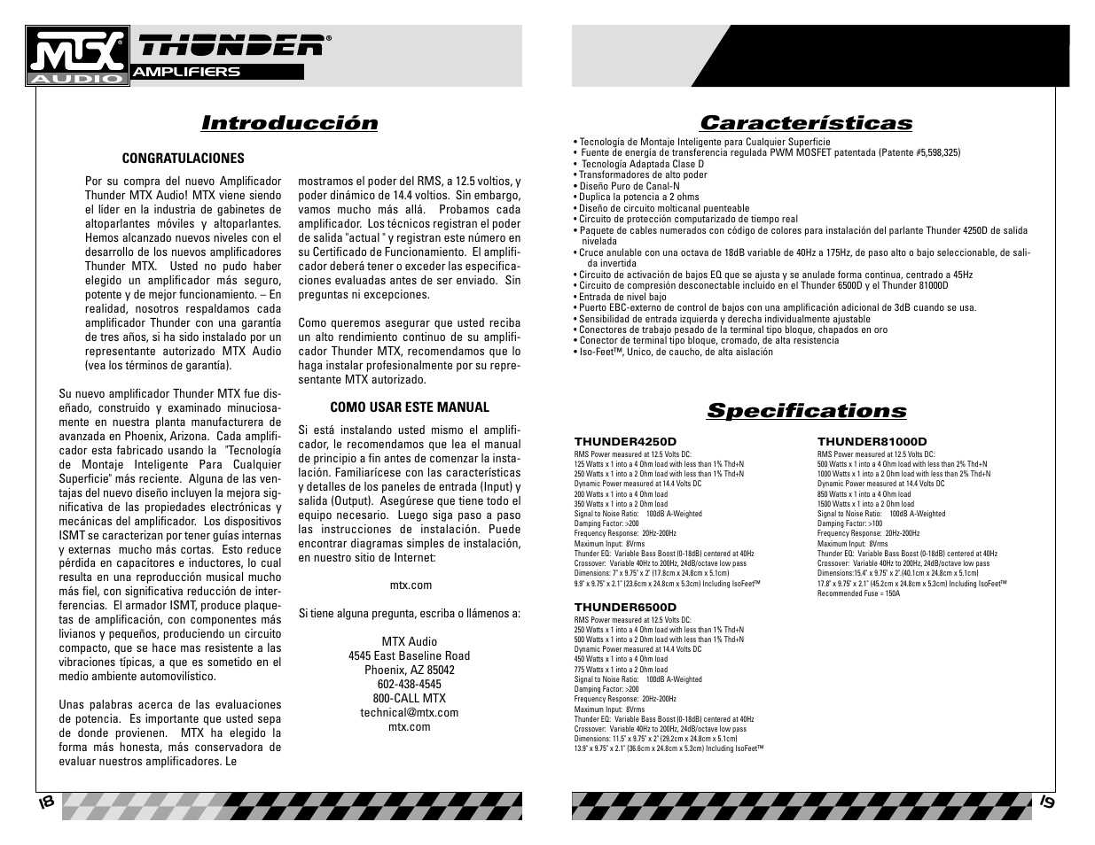 Esp añol, Introducción, Características specifications | MTX Audio Thunder81000D User Manual | Page 10 / 19