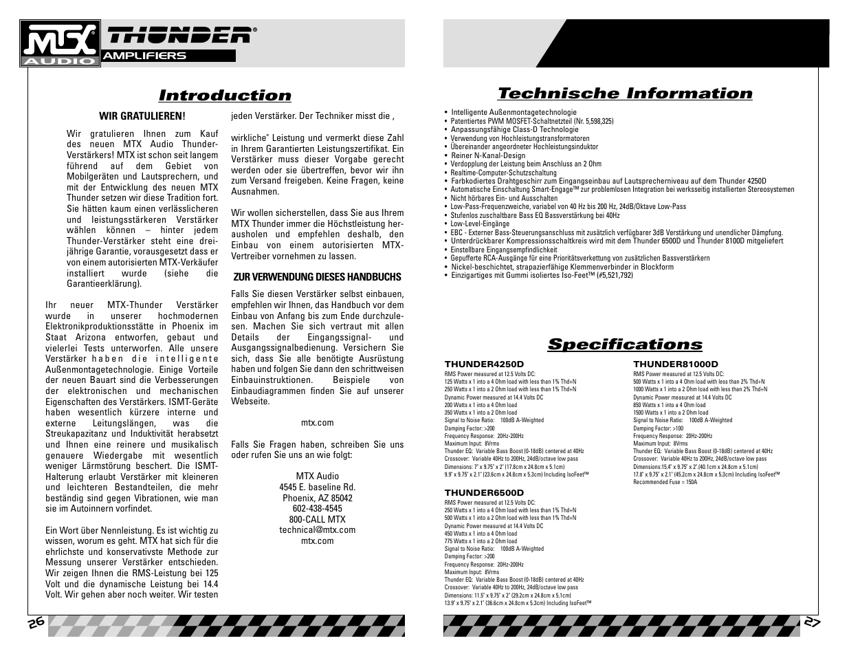 Introduction, Specifications, Technische information | Germanic | MTX Audio Thunder81000D User Manual | Page 14 / 19