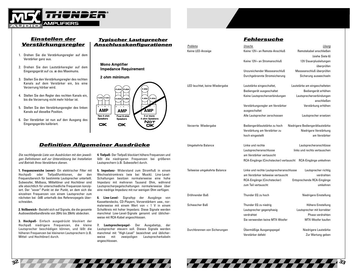 Einstellen der verstärkungsregler, Definition allgemeiner ausdrücke, Fehlersuche | MTX Audio Thunder81000D User Manual | Page 17 / 19