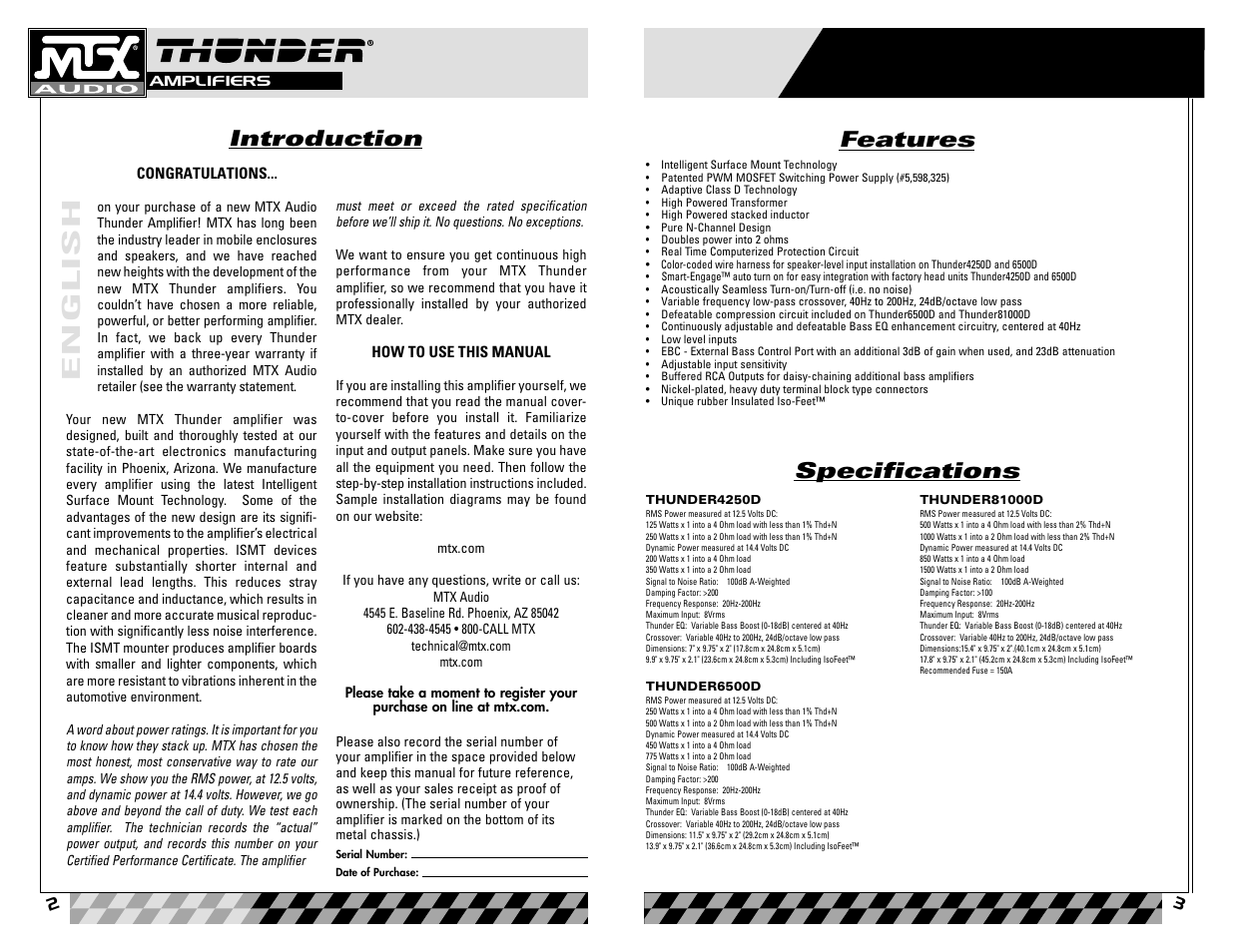 English, Features specifications, Introduction | MTX Audio Thunder81000D User Manual | Page 2 / 19