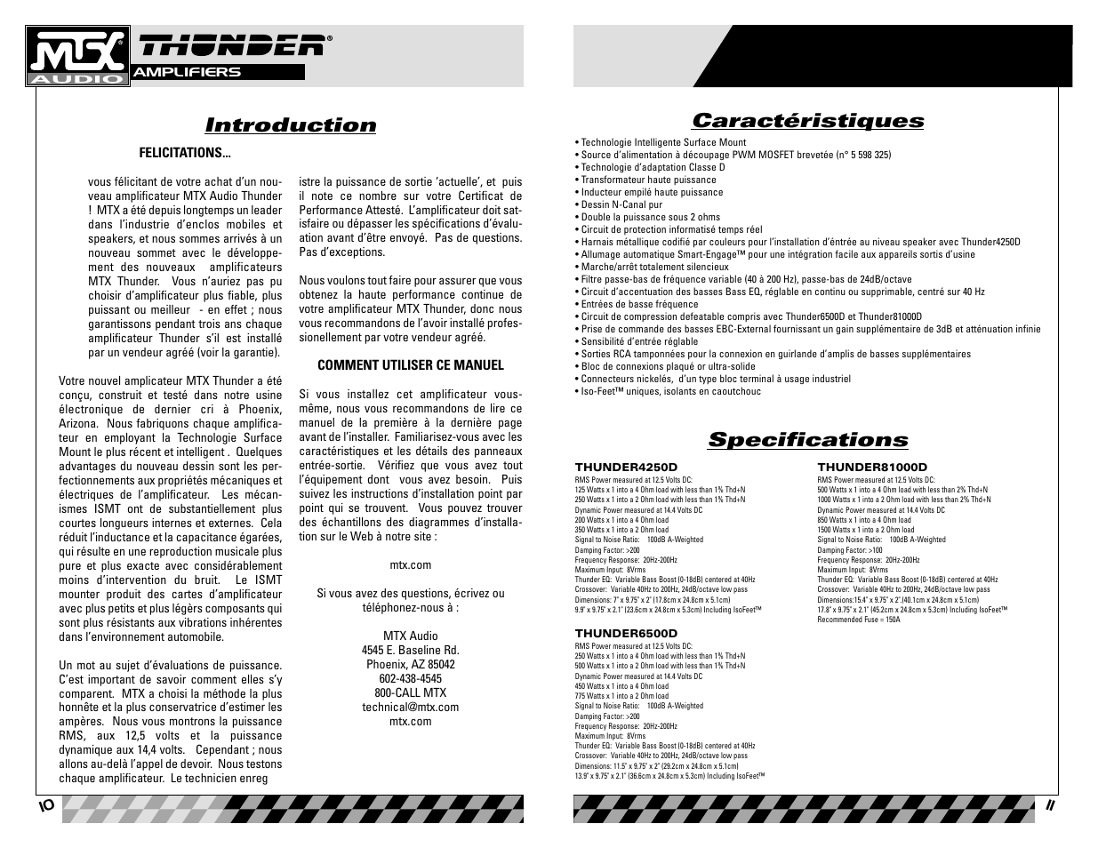 Français, Introduction, Specifications | Caractéristiques | MTX Audio Thunder81000D User Manual | Page 6 / 19