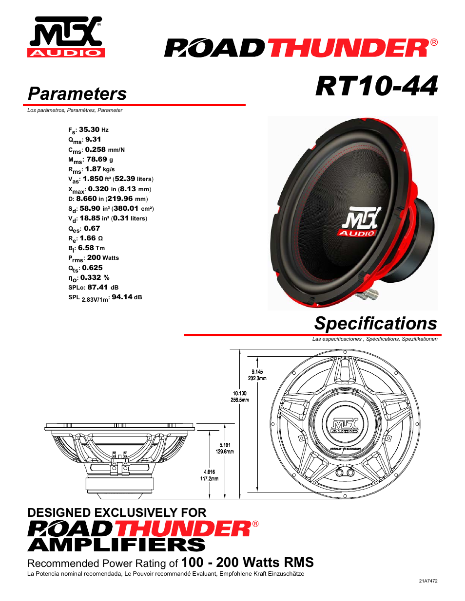 MTX Audio RoadThunder RT10-44 User Manual | 4 pages