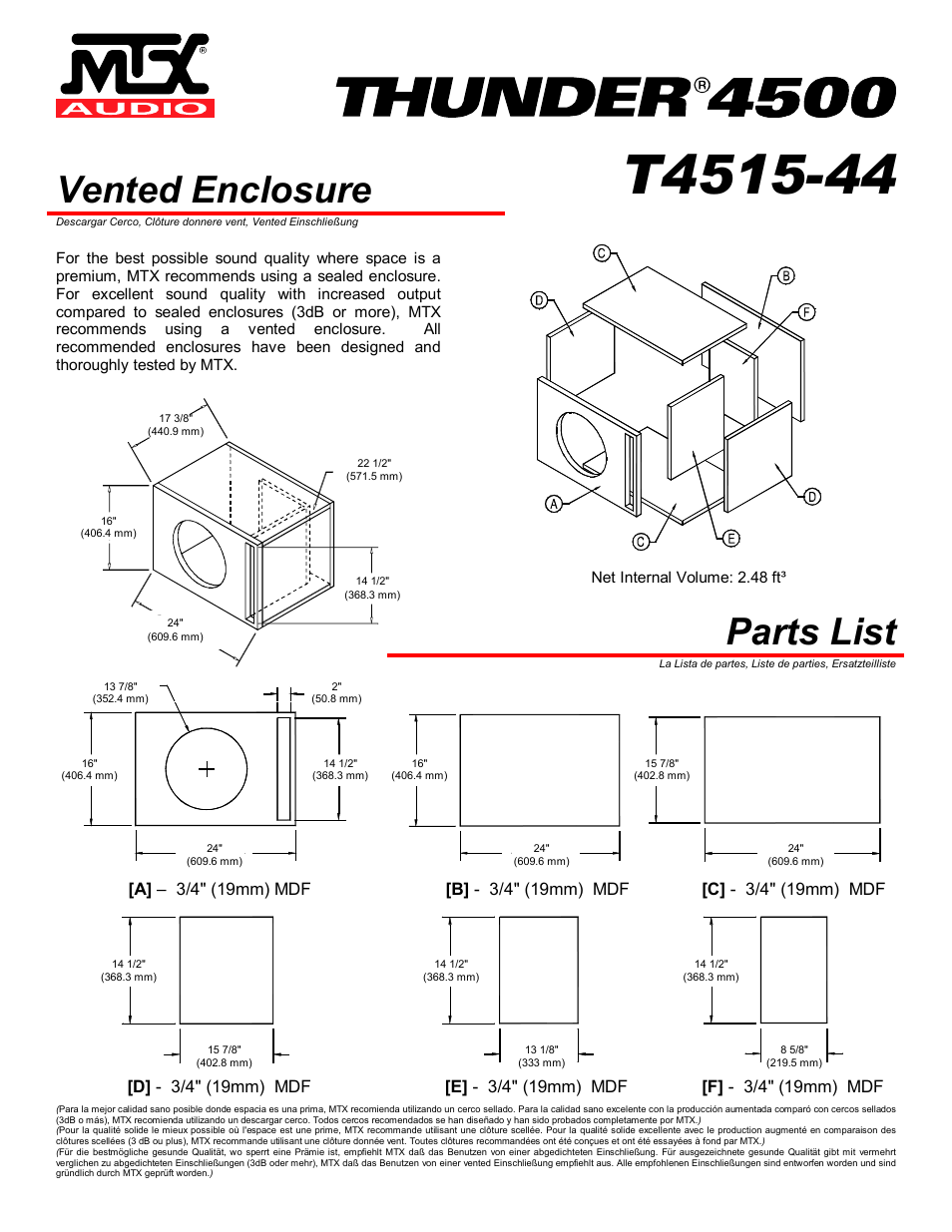 Vented enclosure, Parts list, Net internal volume: 2.48 ft | MTX Audio Thunder T4515-44 User Manual | Page 3 / 4
