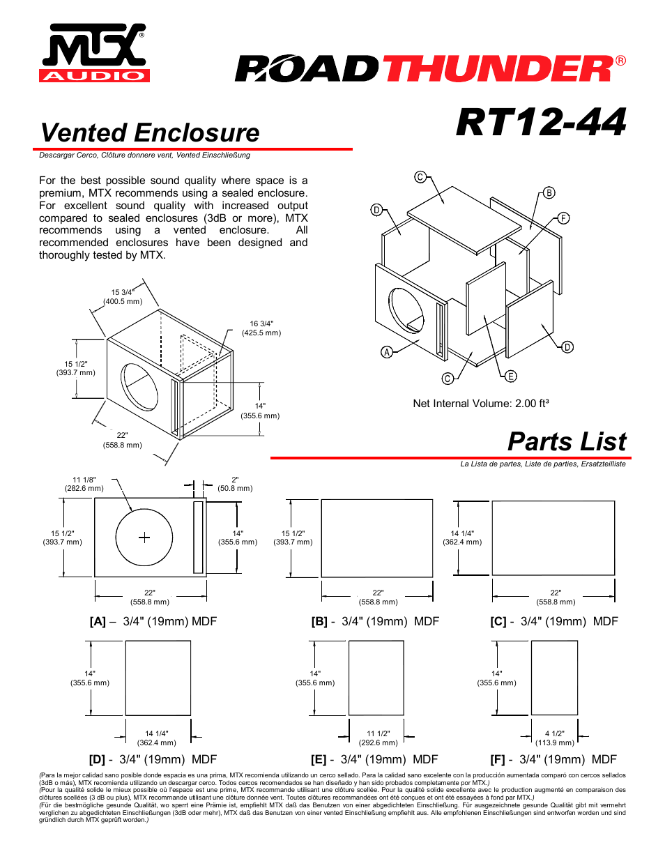 Rt12-44, Vented enclosure, Parts list | Net internal volume: 2.00 ft | MTX Audio RoadThunder RT12-44 User Manual | Page 3 / 4