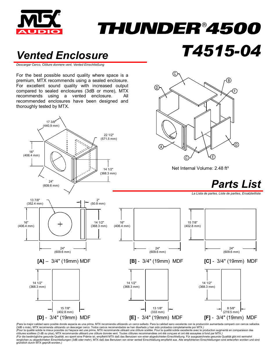 Vented enclosure, Parts list, Net internal volume: 2.48 ft | MTX Audio MTX Thunder 4500 T4515-04 User Manual | Page 3 / 4