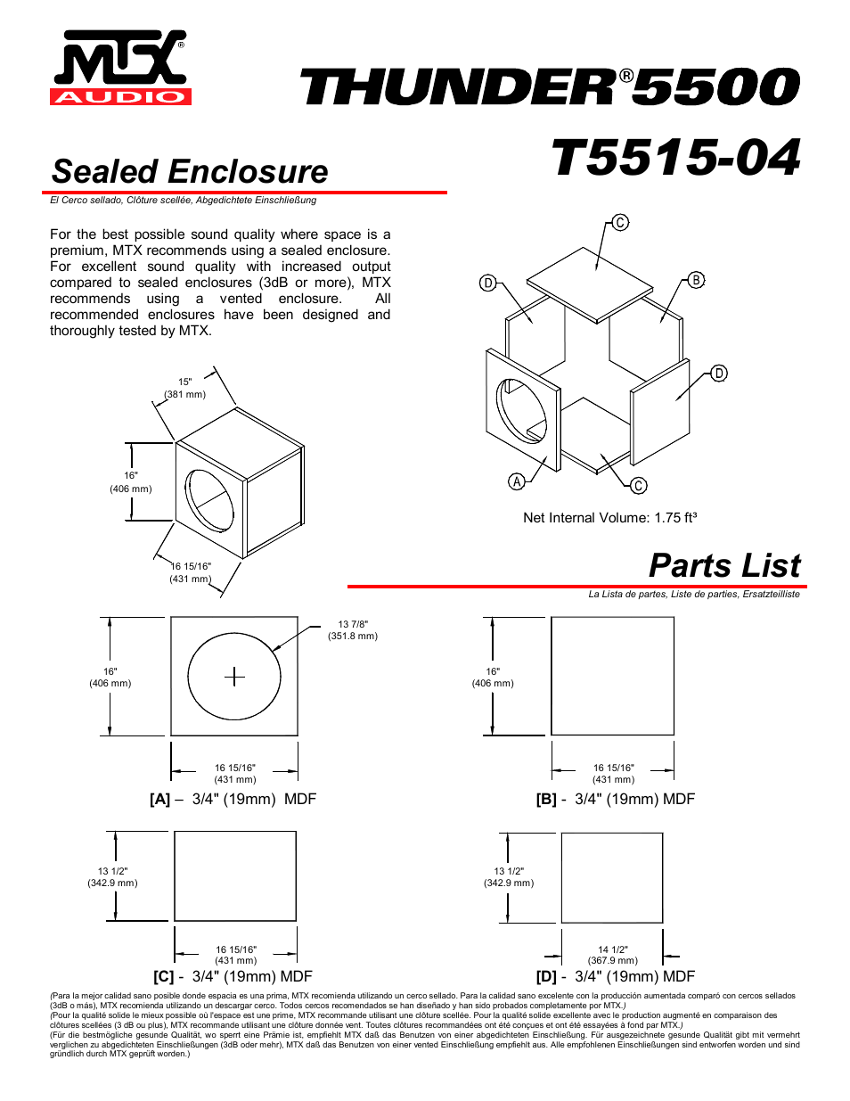 Sealed enclosure, Parts list | MTX Audio Thunder T5515-04 User Manual | Page 2 / 4