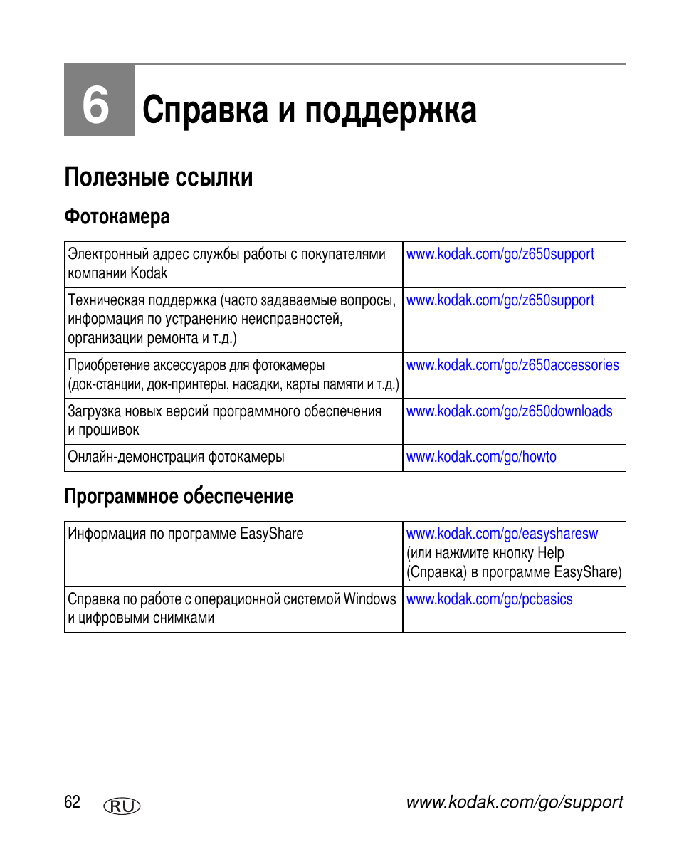 Справка и поддержка, Полезные ссылки, Фотокамера | Программное обеспечение | Kodak Z650 User Manual | Page 68 / 94