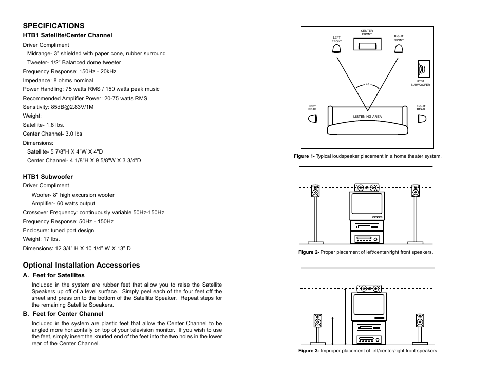 Specifications, Optional installation accessories, Htb1 satellite/center channel | Htb1 subwoofer, A. feet for satellites, B. feet for center channel | MTX Audio HTB1 User Manual | Page 3 / 4