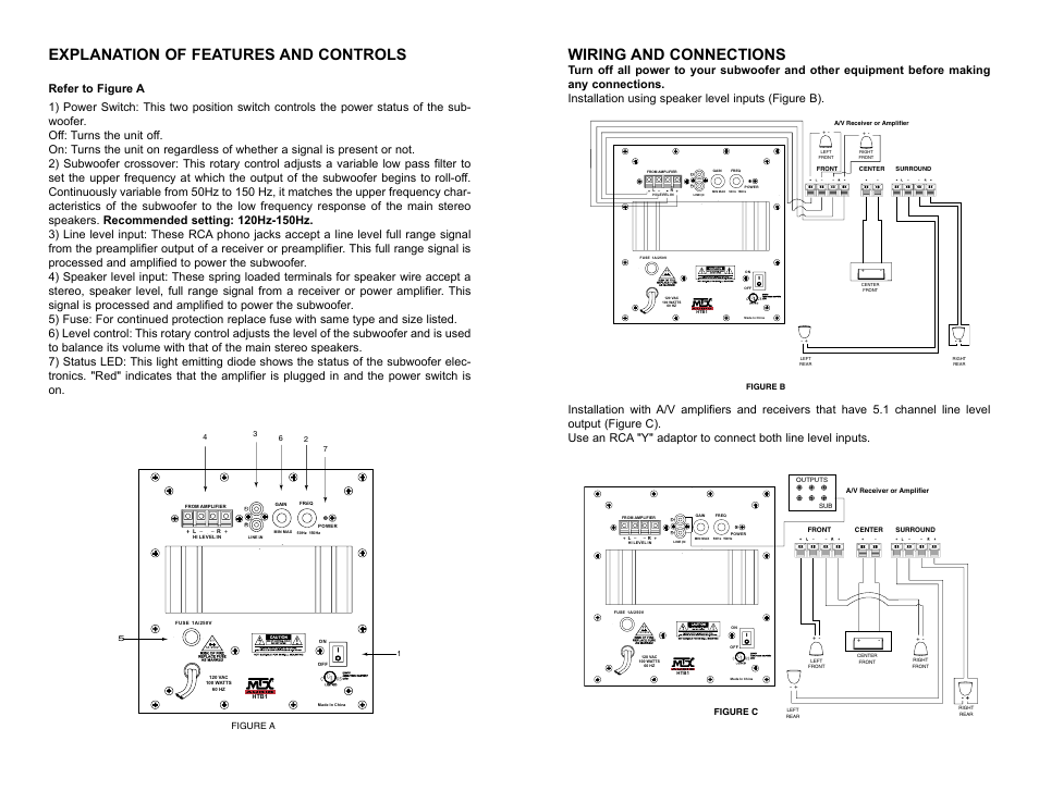 Explanation of features and controls, Wiring and connections, 1a 250v | MTX Audio HTB1 User Manual | Page 4 / 4