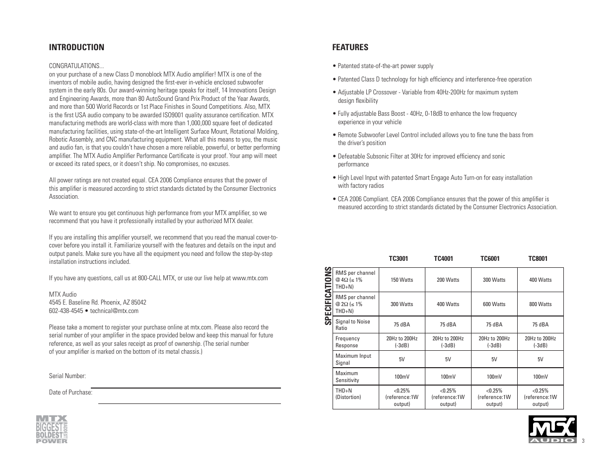 Introduction, Specifica tions, Features | MTX Audio TC3001 User Manual | Page 2 / 17