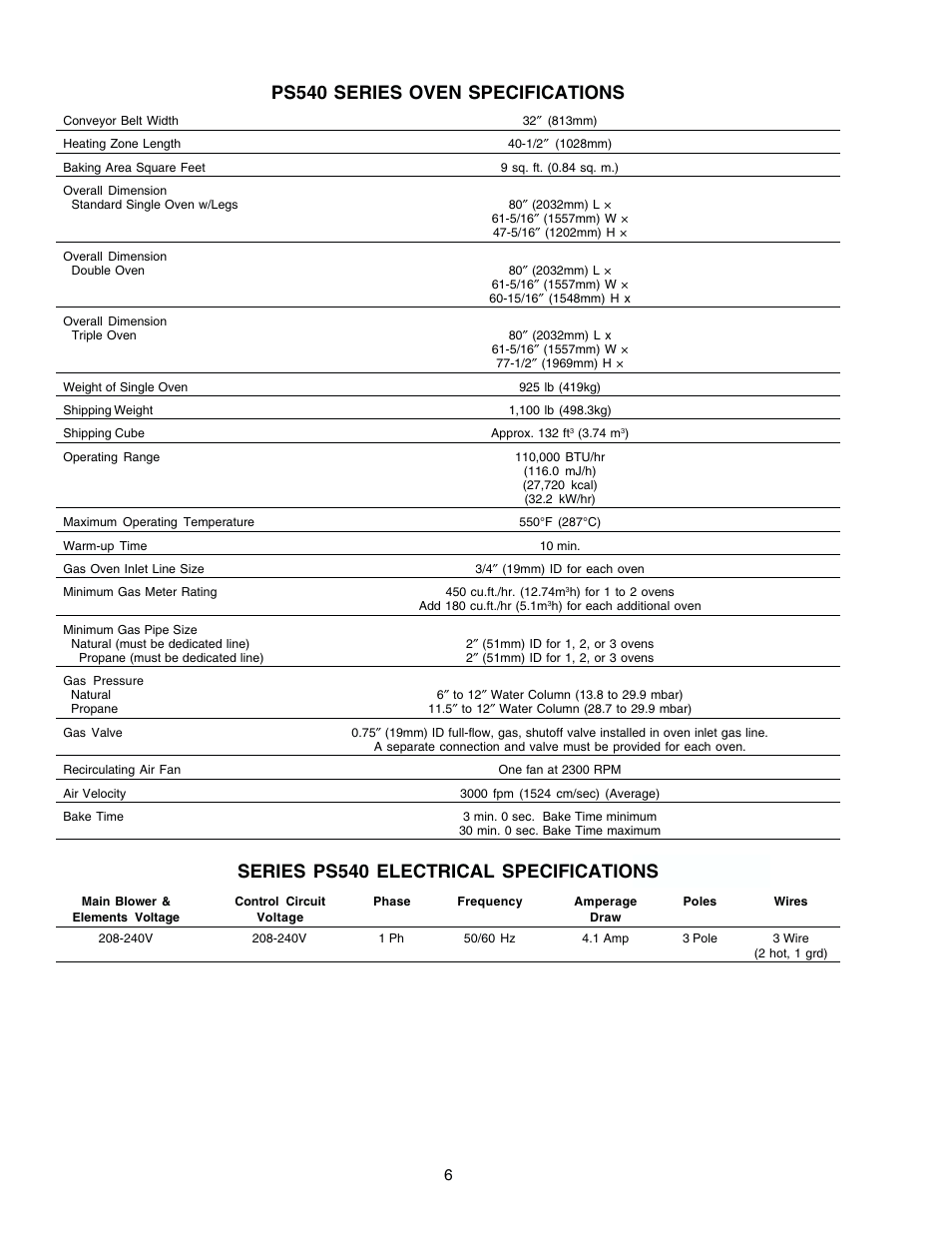 Oven and electrical specifications, Ps540 series oven specifications, Series ps540 electrical specifications | Middleby Cooking Systems Group Gas Fired PS540G User Manual | Page 6 / 40