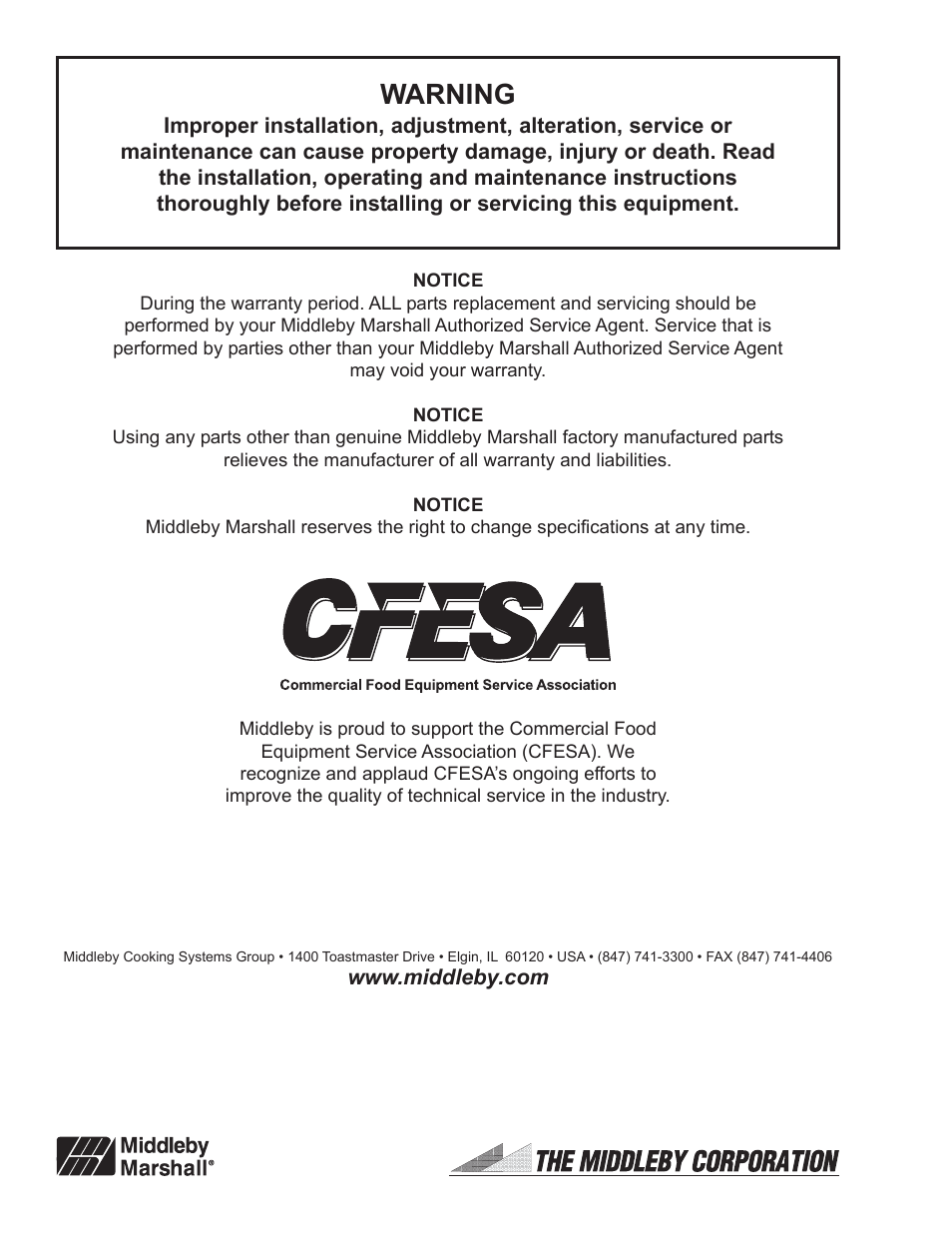 Warning | Middleby Cooking Systems Group PS520E User Manual | Page 40 / 40