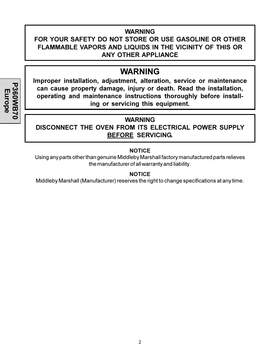 Warning | Middleby Cooking Systems Group PS360WB70-U User Manual | Page 2 / 24
