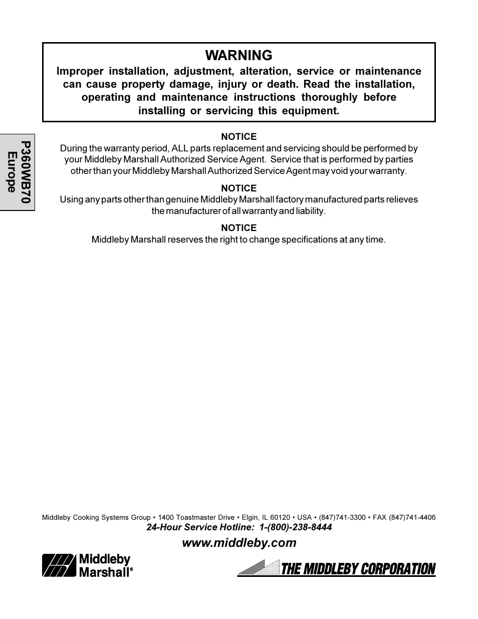 Warning | Middleby Cooking Systems Group PS360WB70-U User Manual | Page 24 / 24