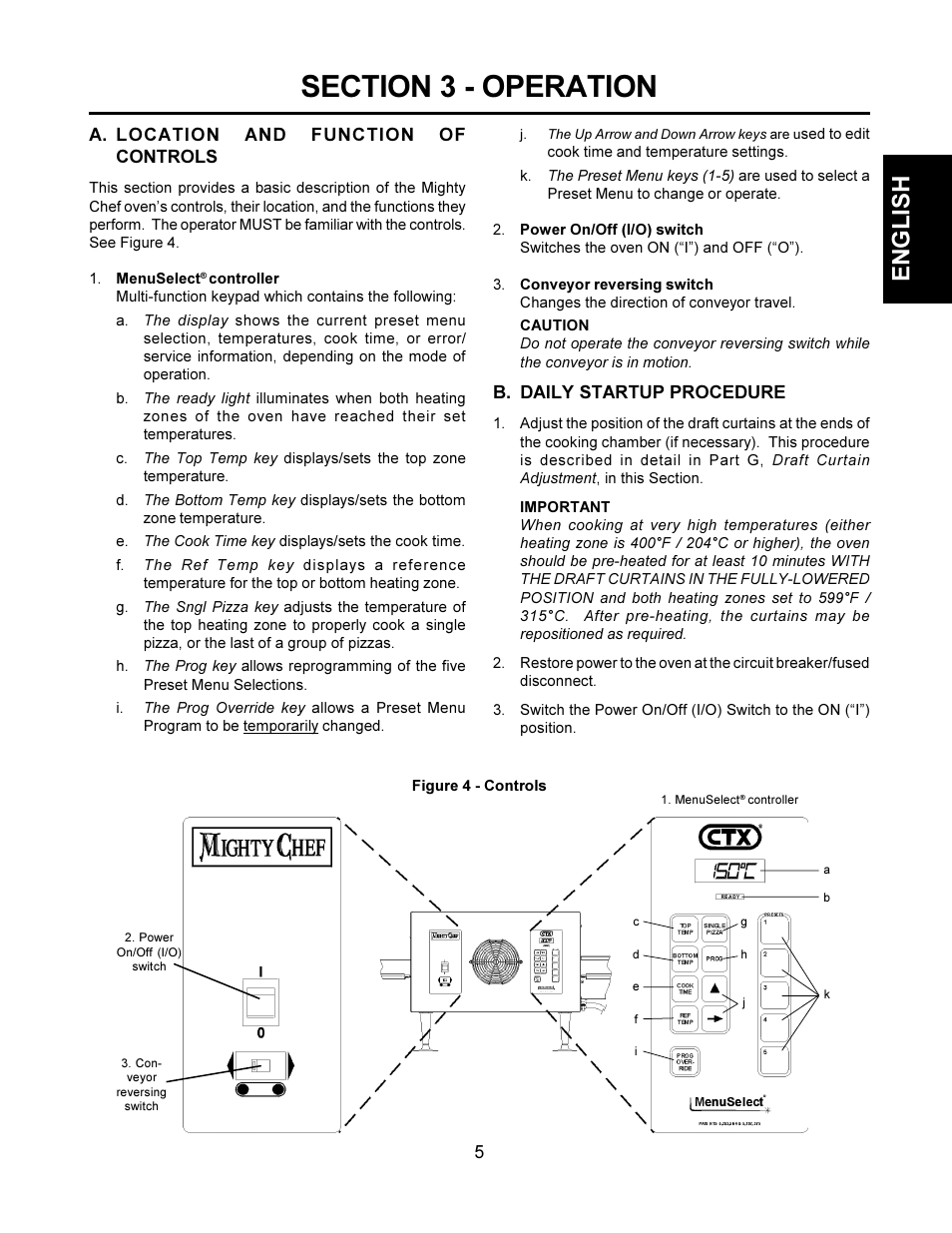 English, 5a. location and function of controls, B. daily startup procedure | Middleby Cooking Systems Group TCO21140063 User Manual | Page 5 / 12