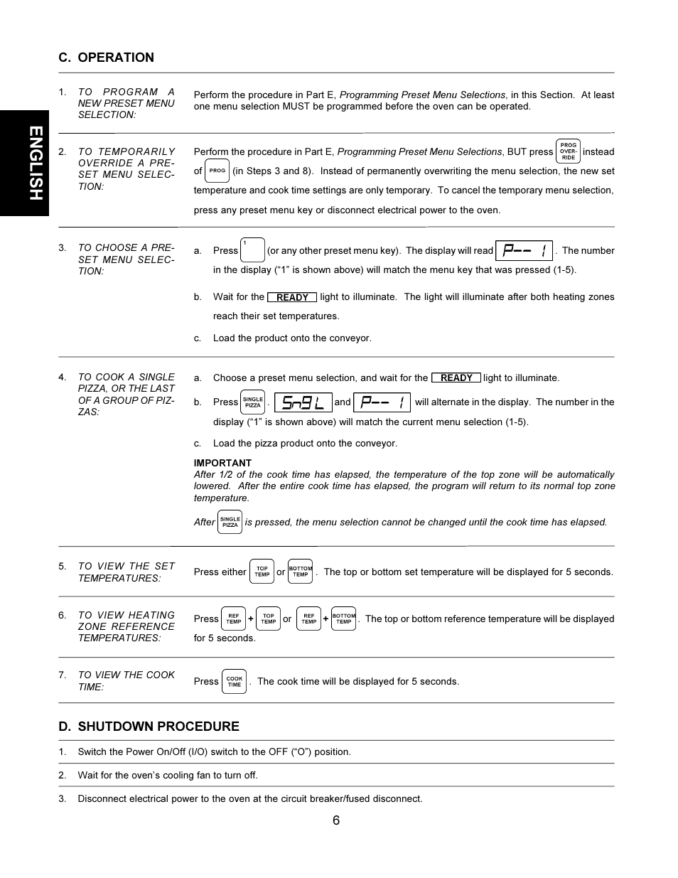 English, 6c. operation, D. shutdown procedure | Middleby Cooking Systems Group TCO21140063 User Manual | Page 6 / 12