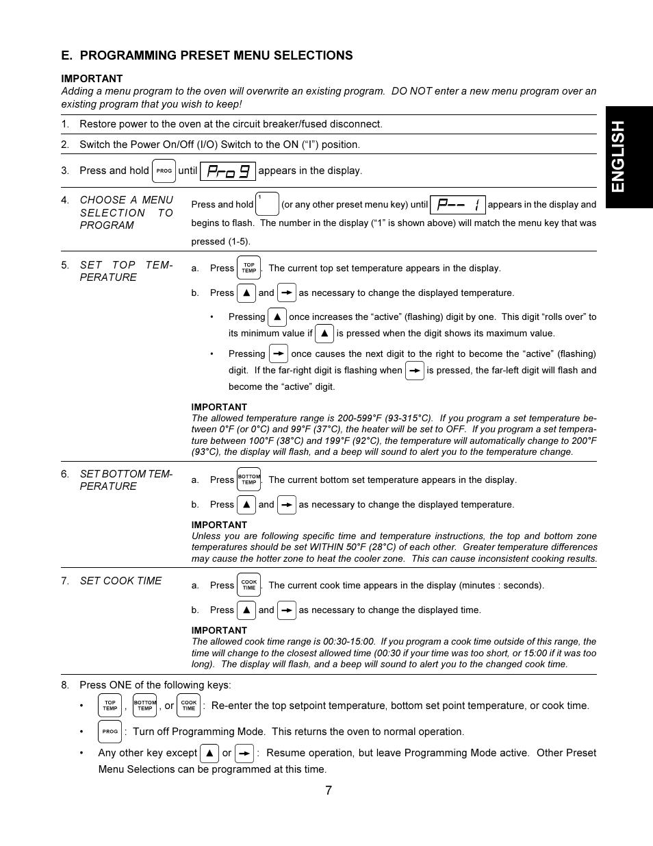 English, E. programming preset menu selections | Middleby Cooking Systems Group TCO21140063 User Manual | Page 7 / 12