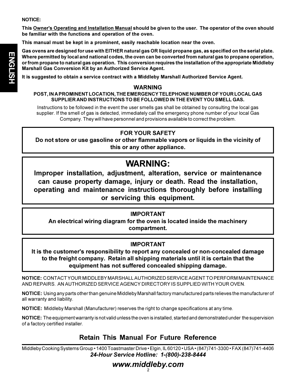 Warning, English | Middleby Cooking Systems Group PS536 User Manual | Page 2 / 28
