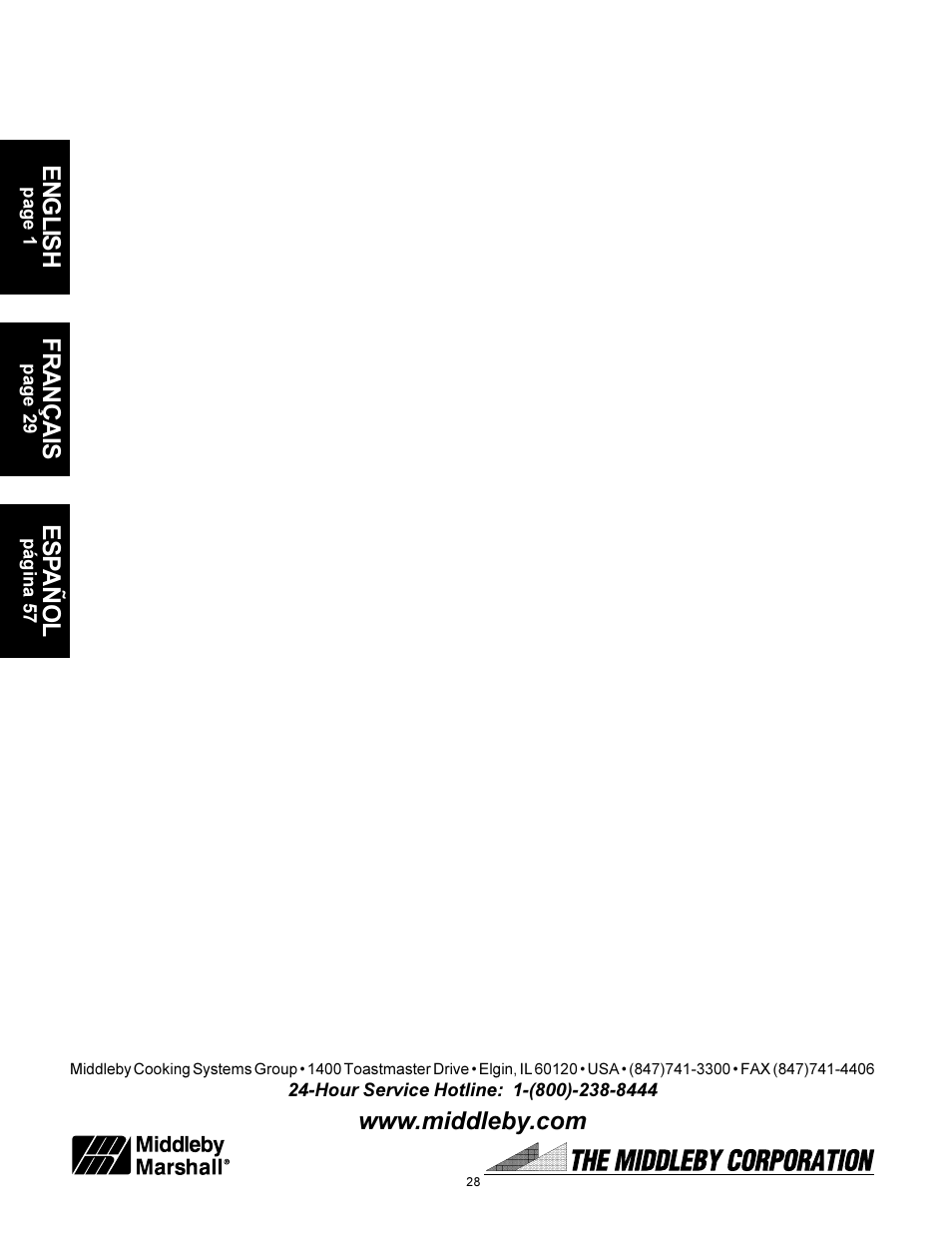 English, Français, Es pañol | Middleby Cooking Systems Group PS536 User Manual | Page 28 / 28