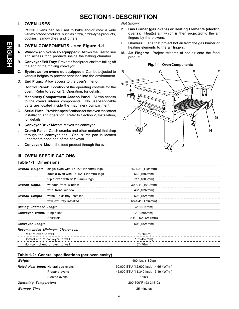 English, Iii. oven specifications, I. oven uses | Ii. oven components - see figure 1-1 | Middleby Cooking Systems Group PS536 User Manual | Page 4 / 28