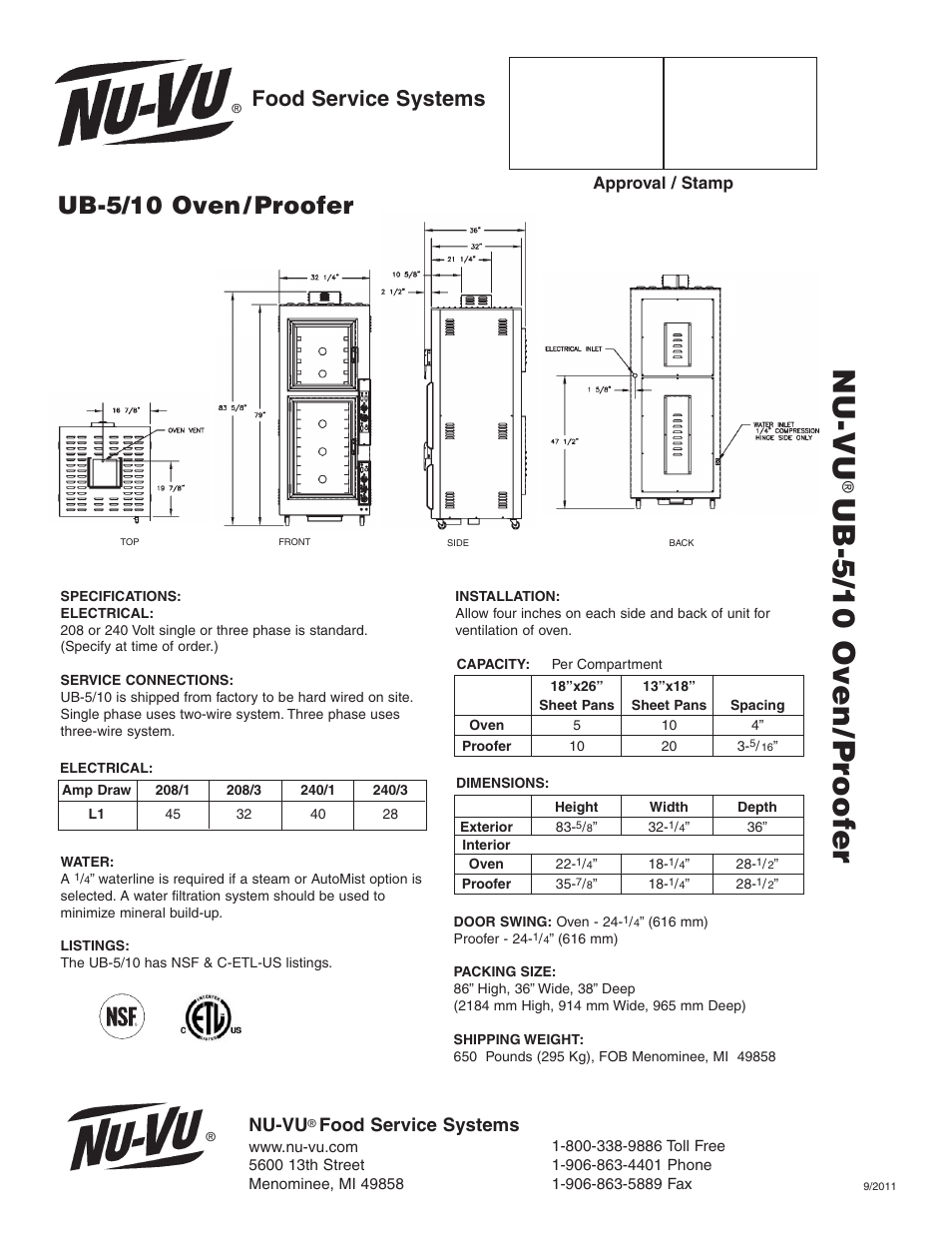 Nu -vu, Ub- 5/10 o ven /pro ofe r, Ub-5/10 oven/proofer | Nu-vu, Food service systems | Middleby Cooking Systems Group UB 5/10 User Manual | Page 2 / 2