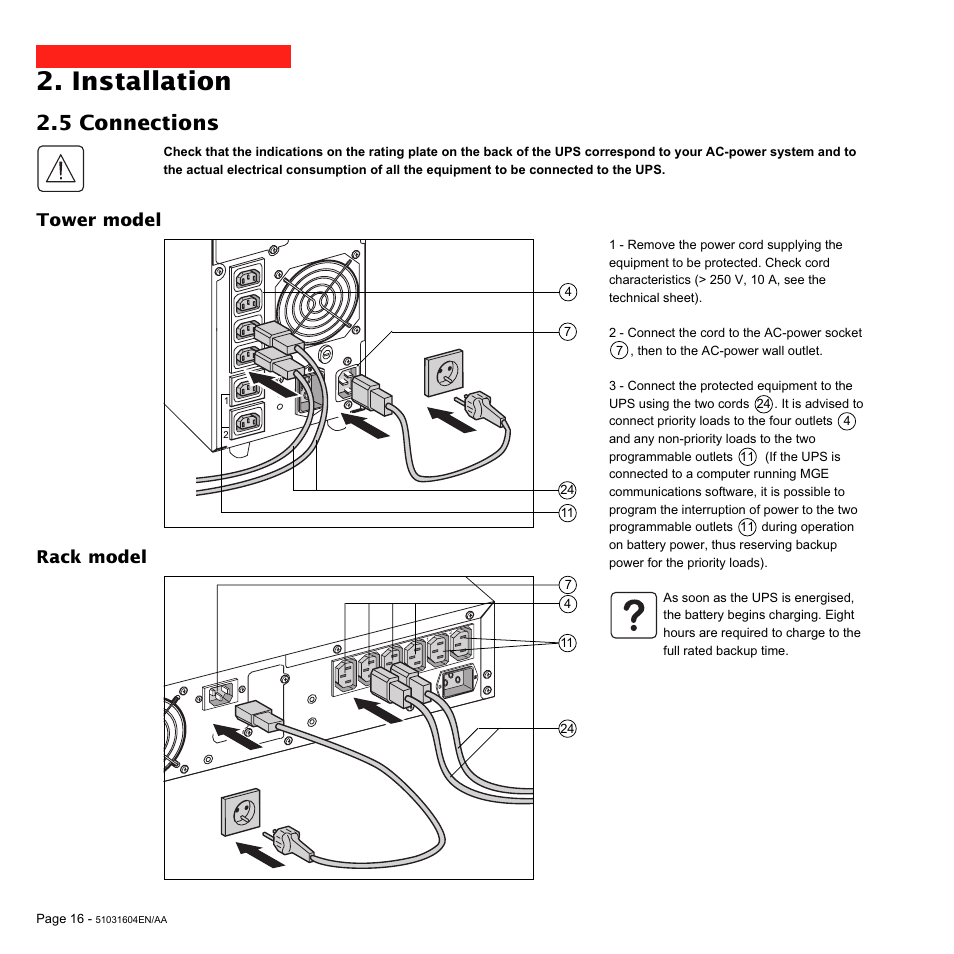 Installation, 5 connections, Tower model | Rack model | MGE UPS Systems Pulsar EX 1500 User Manual | Page 16 / 28