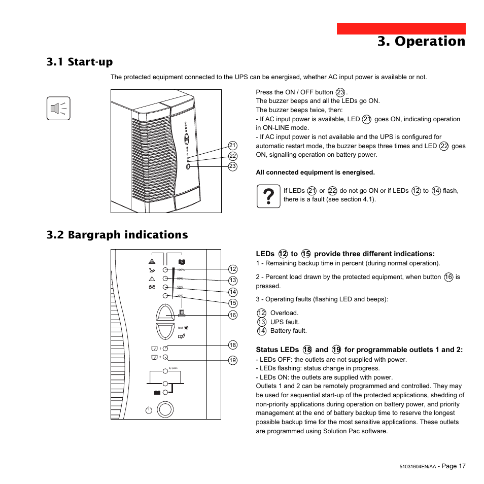 Operation, 1 start-up, 2 bargraph indications | MGE UPS Systems Pulsar EX 1500 User Manual | Page 17 / 28