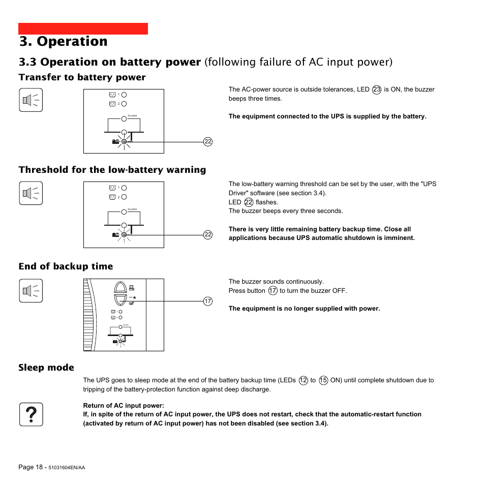 Operation, Transfer to battery power, Threshold for the low-battery warning | End of backup time, Sleep mode | MGE UPS Systems Pulsar EX 1500 User Manual | Page 18 / 28