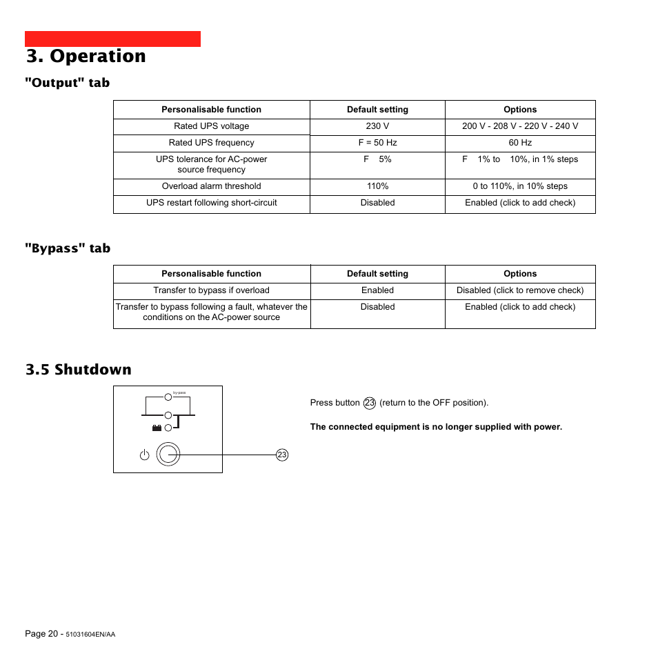 Operation, 5 shutdown, Output" tab "bypass" tab | MGE UPS Systems Pulsar EX 1500 User Manual | Page 20 / 28