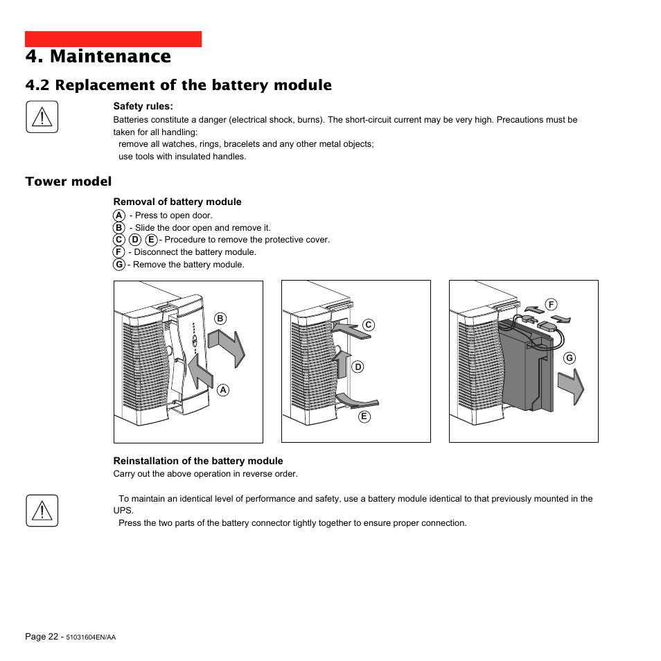 Maintenance, 2 replacement of the battery module, Tower model | MGE UPS Systems Pulsar EX 1500 User Manual | Page 22 / 28