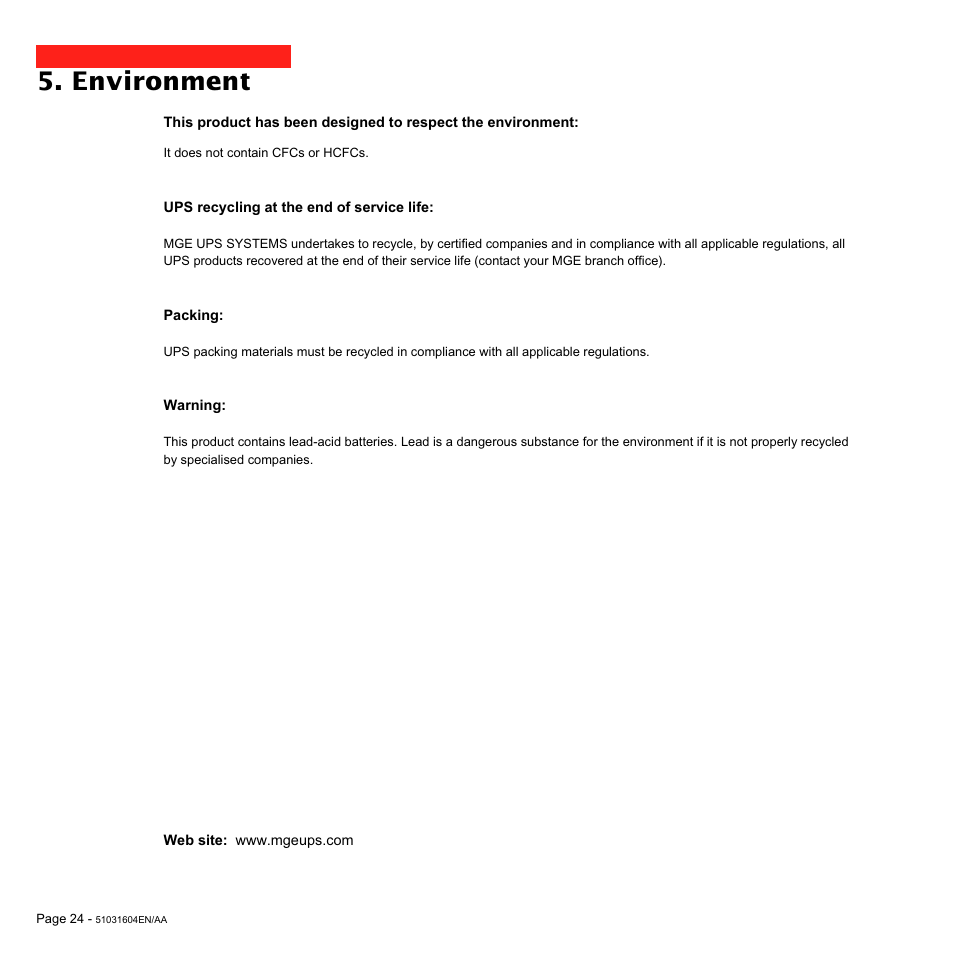 Environment | MGE UPS Systems Pulsar EX 1500 User Manual | Page 24 / 28
