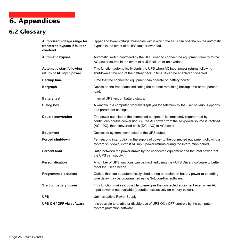 Appendices, 2 glossary | MGE UPS Systems Pulsar EX 1500 User Manual | Page 26 / 28