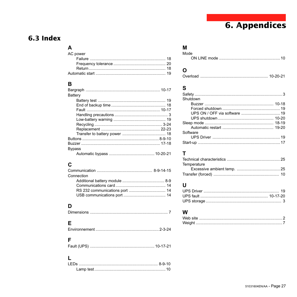 Appendices, 3 index | MGE UPS Systems Pulsar EX 1500 User Manual | Page 27 / 28
