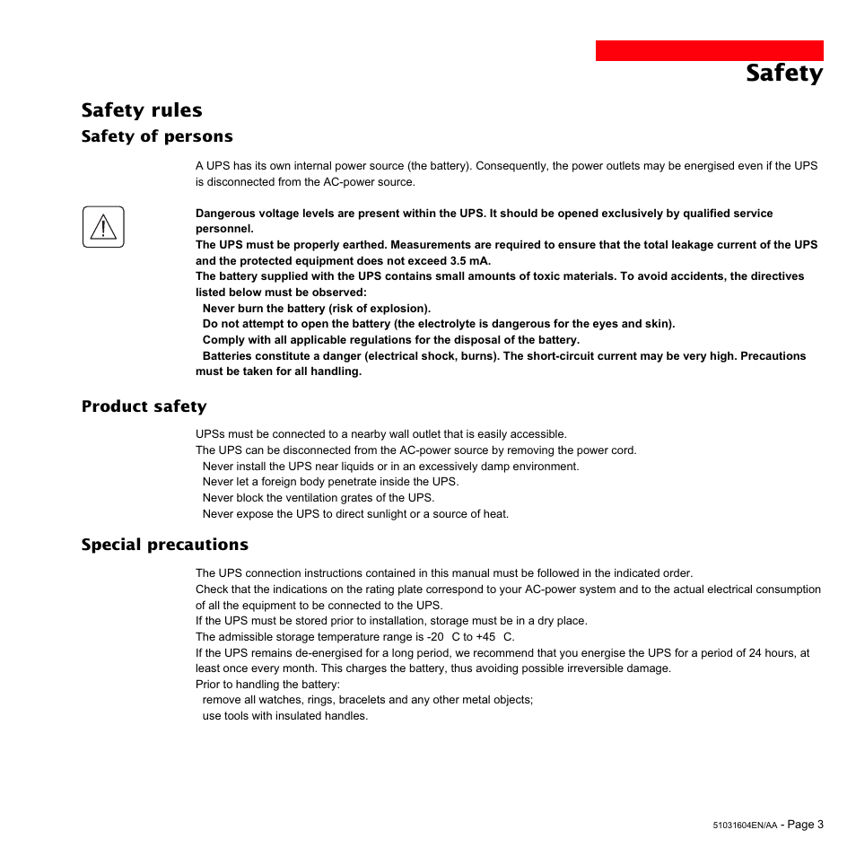 Safety, Safety rules, Safety of persons | Product safety, Special precautions | MGE UPS Systems Pulsar EX 1500 User Manual | Page 3 / 28