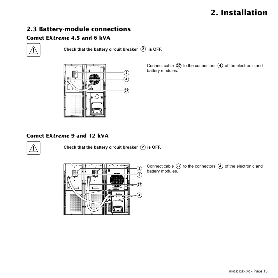 Installation, 3 battery-module connections | MGE UPS Systems 12 kVA User Manual | Page 15 / 32