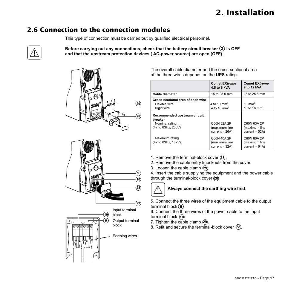 Installation, 6 connection to the connection modules | MGE UPS Systems 12 kVA User Manual | Page 17 / 32