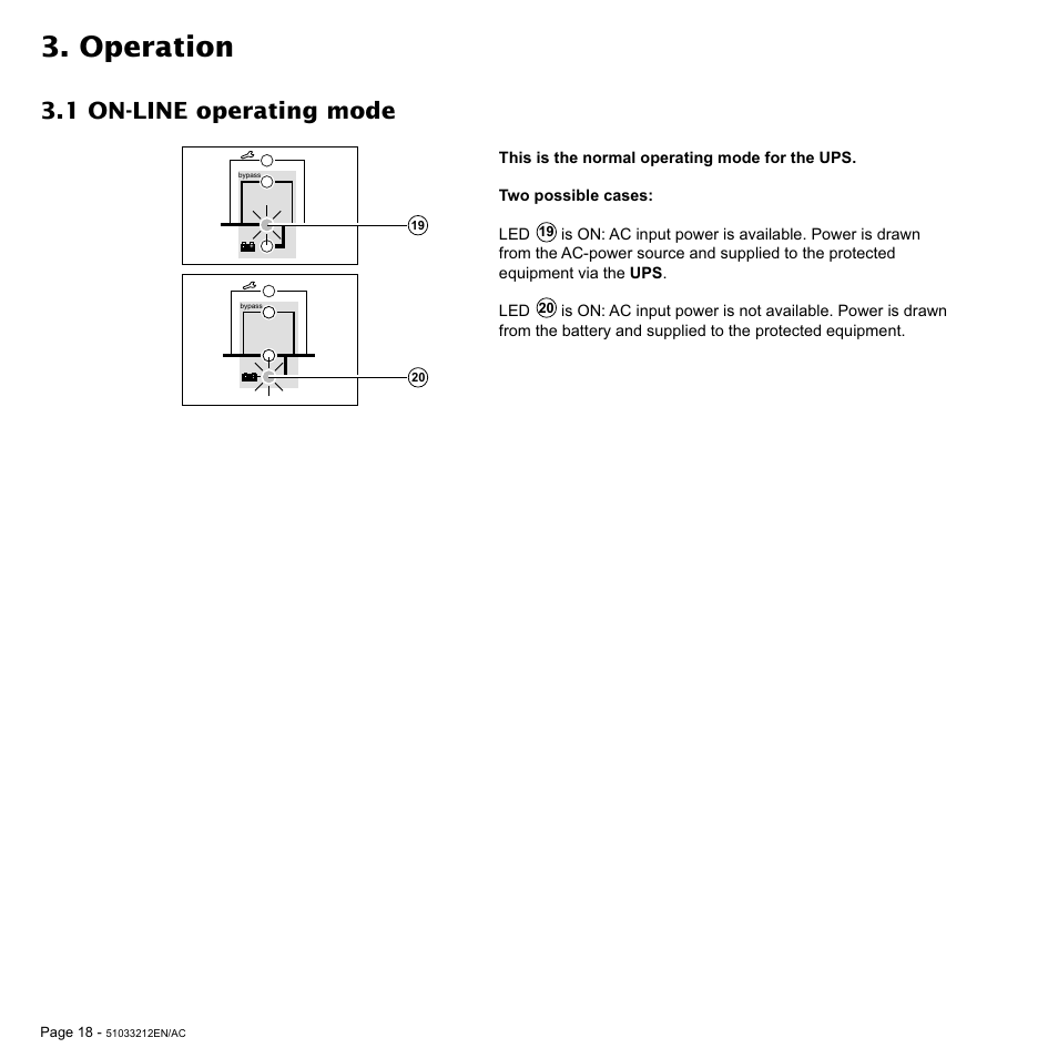 Operation, 1 on-line operating mode | MGE UPS Systems 12 kVA User Manual | Page 18 / 32