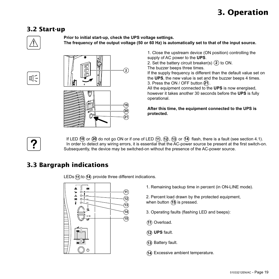 Operation, 3 bargraph indications, 2 start-up | MGE UPS Systems 12 kVA User Manual | Page 19 / 32