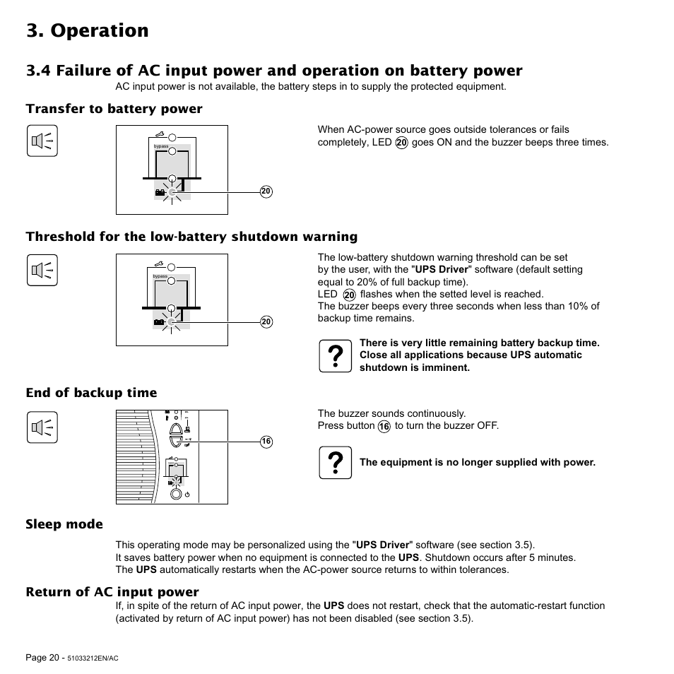 Operation, Transfer to battery power, Threshold for the low-battery shutdown warning | End of backup time, Sleep mode, Return of ac input power | MGE UPS Systems 12 kVA User Manual | Page 20 / 32