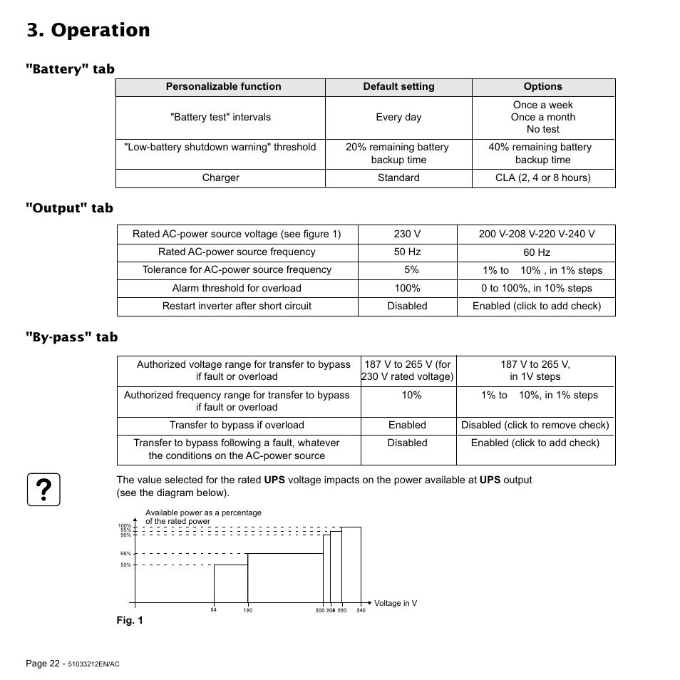 Operation, Battery" tab, Output" tab "by-pass" tab | MGE UPS Systems 12 kVA User Manual | Page 22 / 32