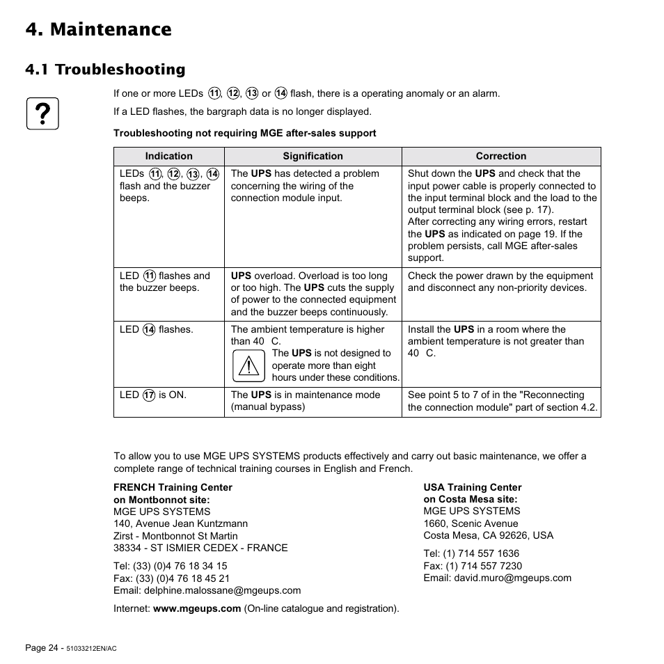 Maintenance, 1 troubleshooting | MGE UPS Systems 12 kVA User Manual | Page 24 / 32